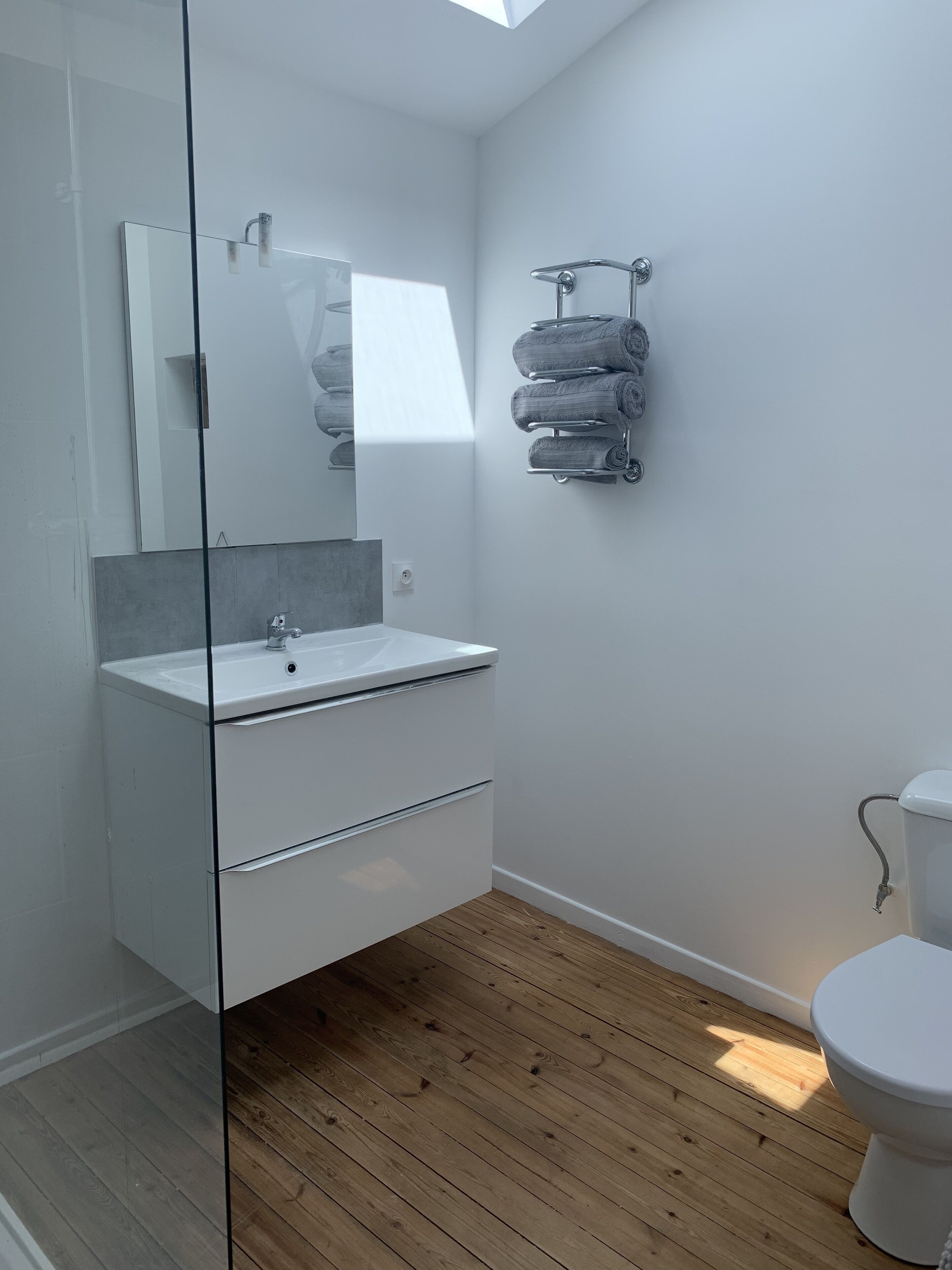 Une salle de bain moderne avec une douche à parois de verre, un lavabo blanc et des toilettes.
