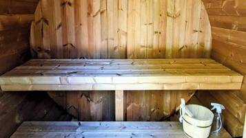 A sauna with wooden walls and benches.