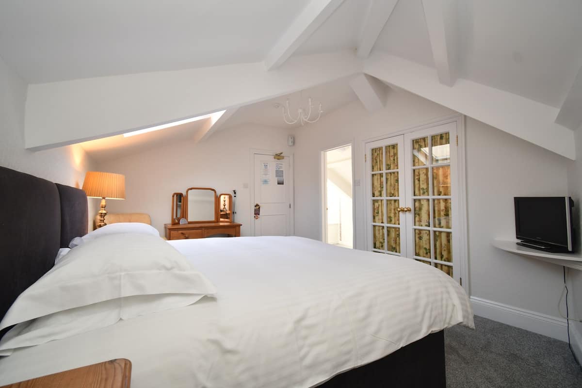 A bedroom with a large bed, a television on a stand, a mirror, and a door with a window.