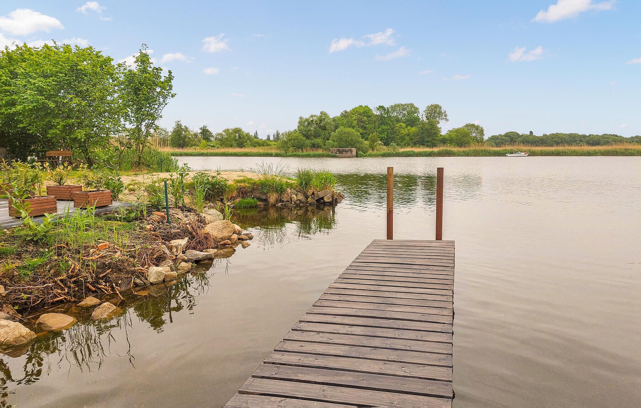 A wooden dock extending into calm water, surrounded by greenery and a distant boat.