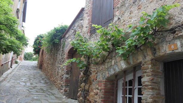 A narrow stone-paved street flanked by old buildings with wooden shutters and a number '8' sign. - "La Casa De La Font" classified *** near Céret and Thuir  private parking (LLAURO)