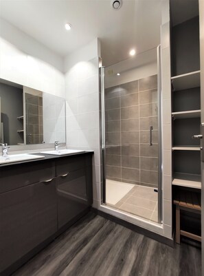 Shower, hair dryer, toilet paper
