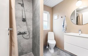 Bathroom features a shower, toilet, and vanity with a mirror.