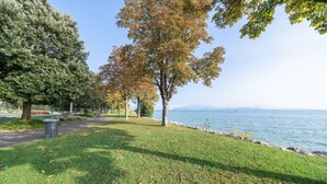 A park with a walking path, trees, and a lake.