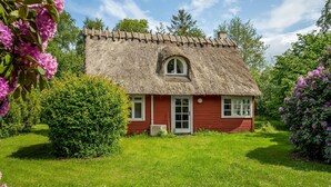 Uma casa tradicional com telhado de palha e fachada vermelha, rodeada por vegetação exuberante e arbustos floridos.