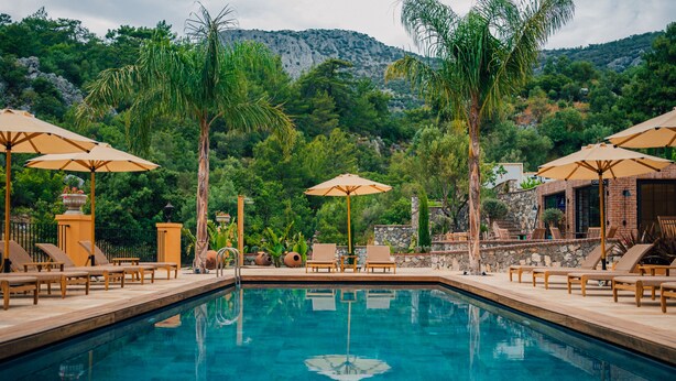 A swimming pool with lounge chairs and umbrellas, surrounded by greenery and a mountainous backdrop.