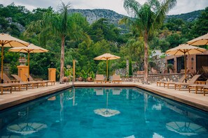 Una piscina al aire libre de temporada, sombrillas, tumbonas