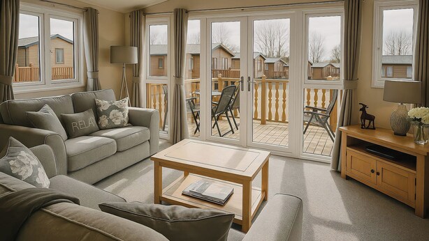 A living room with a sofa, coffee table, and a view of a deck and outdoor area. - Birch Lodge (Carnforth)