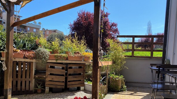 Un espace extérieur aménagé avec des meubles en bois, des plantes en pot et un chemin de gravier.