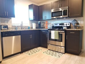 Fridge, microwave, dishwasher, cookware/dishes/utensils