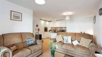 Flat-screen TV, books, offices