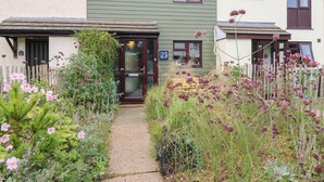 A row of terraced houses with a narrow pathway leading to the entrance.