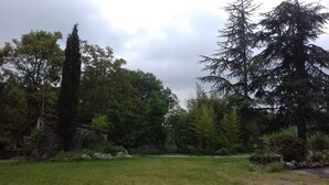 A lush garden with various trees and a stone wall. - Charming Gîte (4 people) ideal for couples or families, near Montcuq
 (PORTE DU QUERCY)