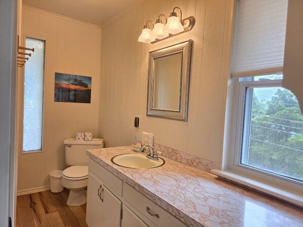 A bathroom with a marble countertop, a sink, a toilet, a mirror, and a window. - Sailaway!- Huge Lake Views; Easy Walk to Shoreline! Boat Launch Nearby; Pool! (Garfield)
