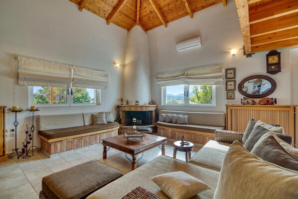 Family Villa, Multiple Bedrooms (Villa John Dimeon Kato Achaia With) | Living area | 21-inch TV with cable channels, fireplace - Villa John Dimeon Kato Achaia With Pool  (West Achaea)