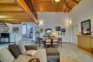 Family Villa, Multiple Bedrooms (Villa John Dimeon Kato Achaia With) | Living area | 21-inch TV with cable channels, fireplace - Villa John Dimeon Kato Achaia With Pool  (West Achaea)