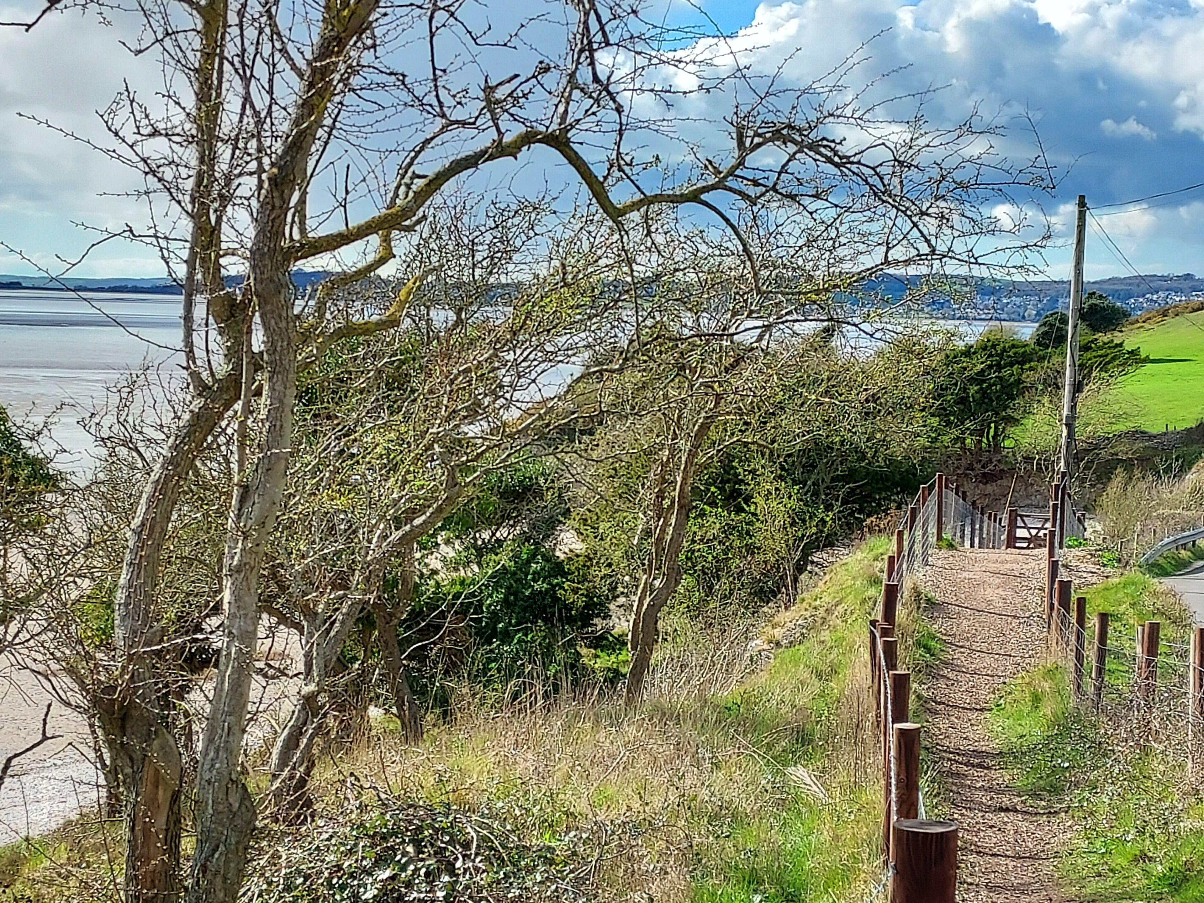 A pathway leading to a coastal area with a view of the sea and hills in the background.