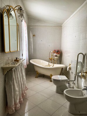 Bathtub, hair dryer, bathrobes, bidet
