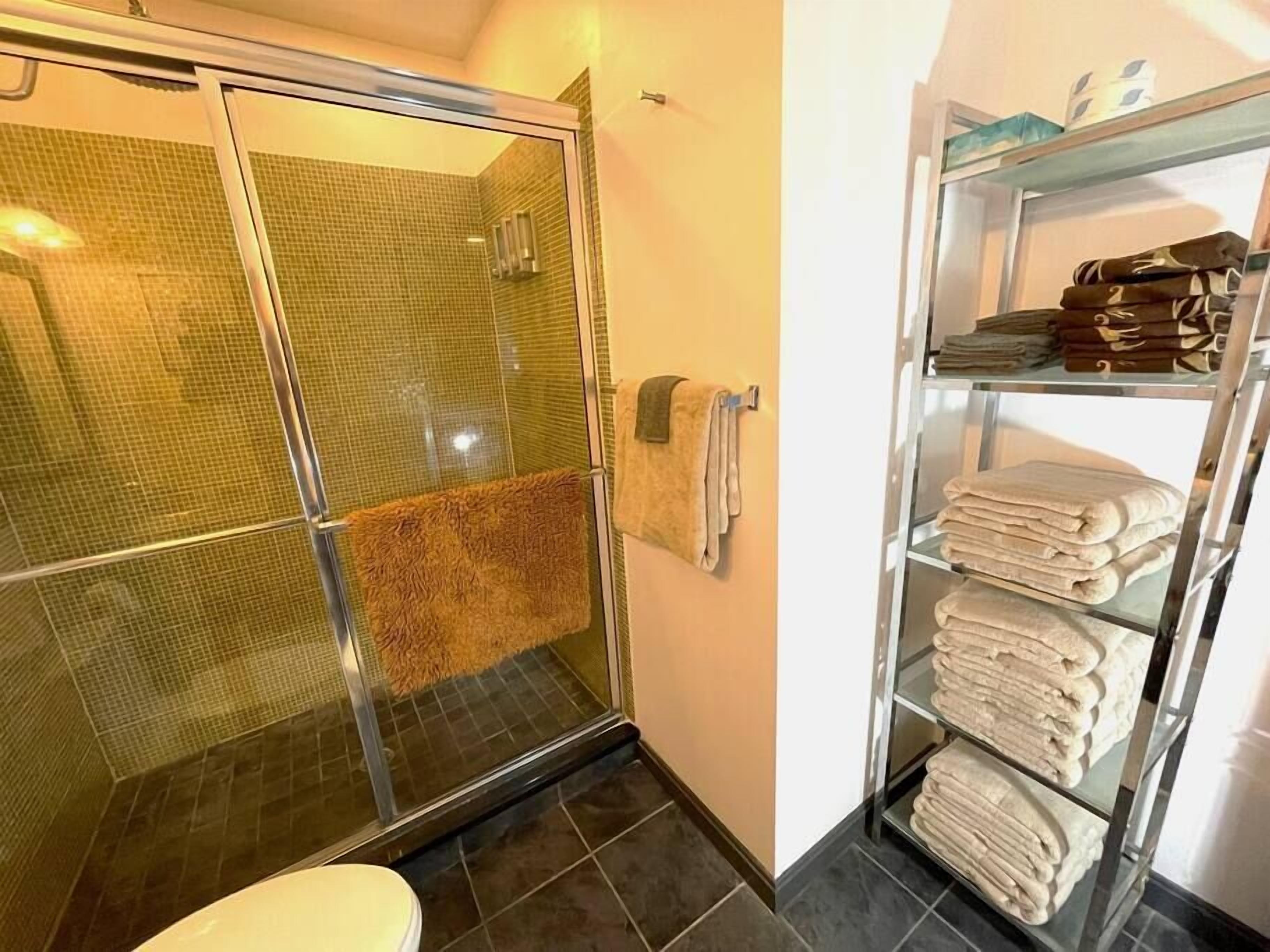 Une salle de bain avec une douche à parois de verre, des toilettes et un porte-serviettes avec des serviettes pliées.