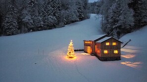 Uma cabana de madeira com um pinheiro de Natal iluminado em uma paisagem nevada.