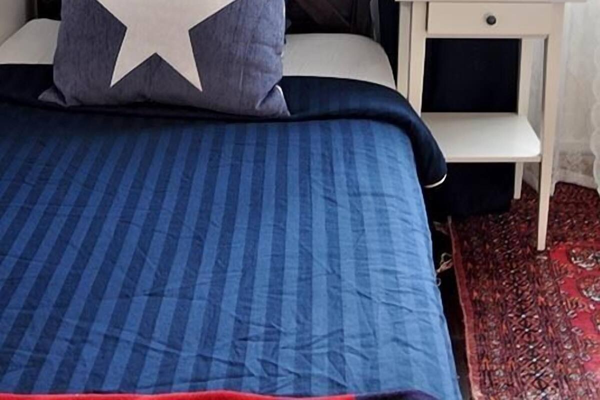 Un dormitorio con cabecera de madera oscura, cama con colcha azul y almohada blanca con diseño de estrella, una mesita de noche pequeña y blanca con un florero de flores rosas, y una obra de arte con mariposas enmarcada en la pared.