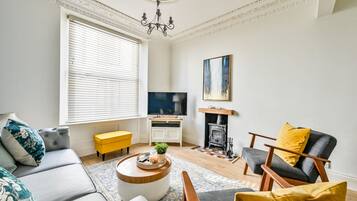 TV connectée, cheminée, livres