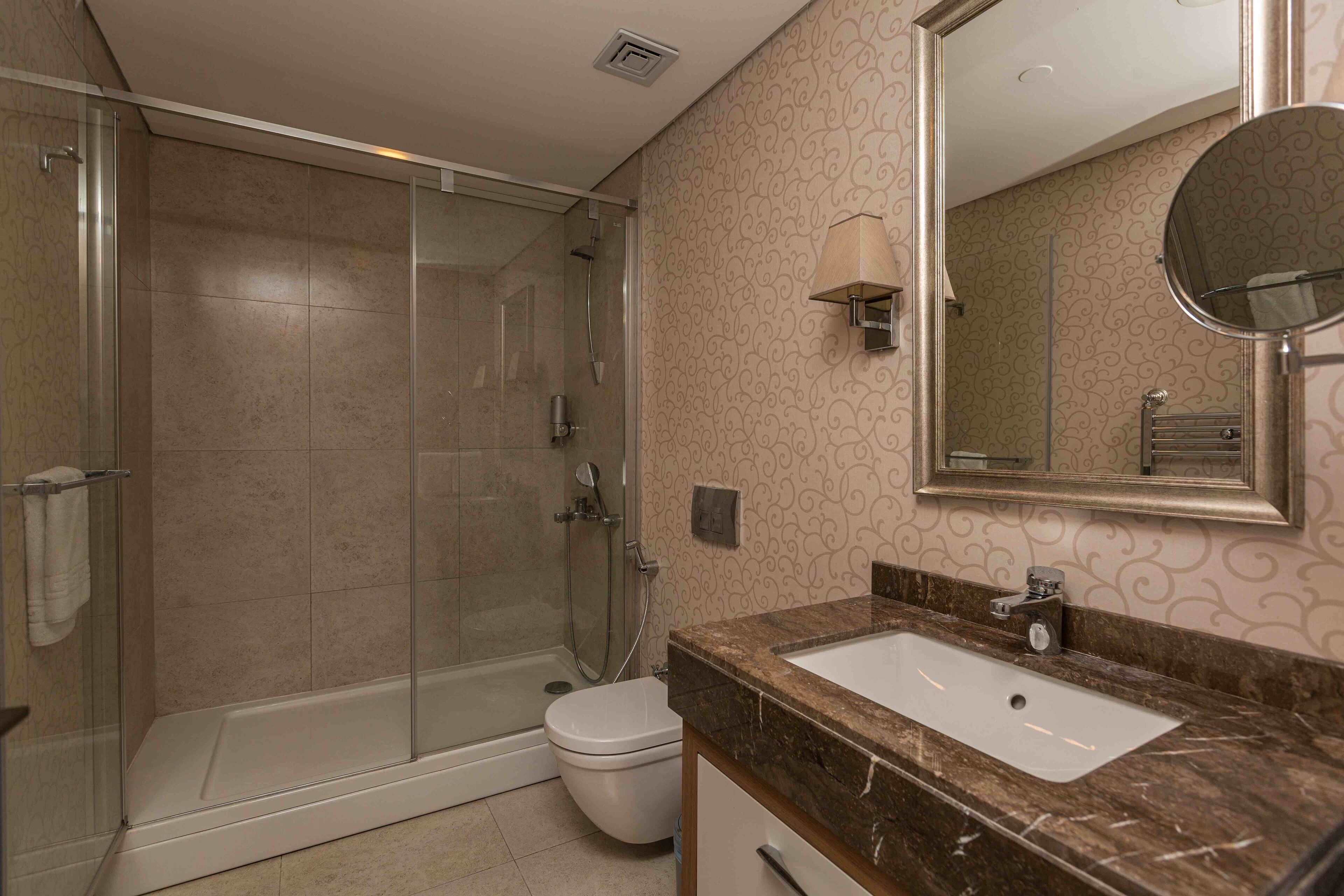 A modern bathroom with a glass-enclosed shower, a white toilet, and a marble sink with a large mirror.