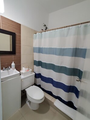 Regadera, toallas, jabón, papel de baño 