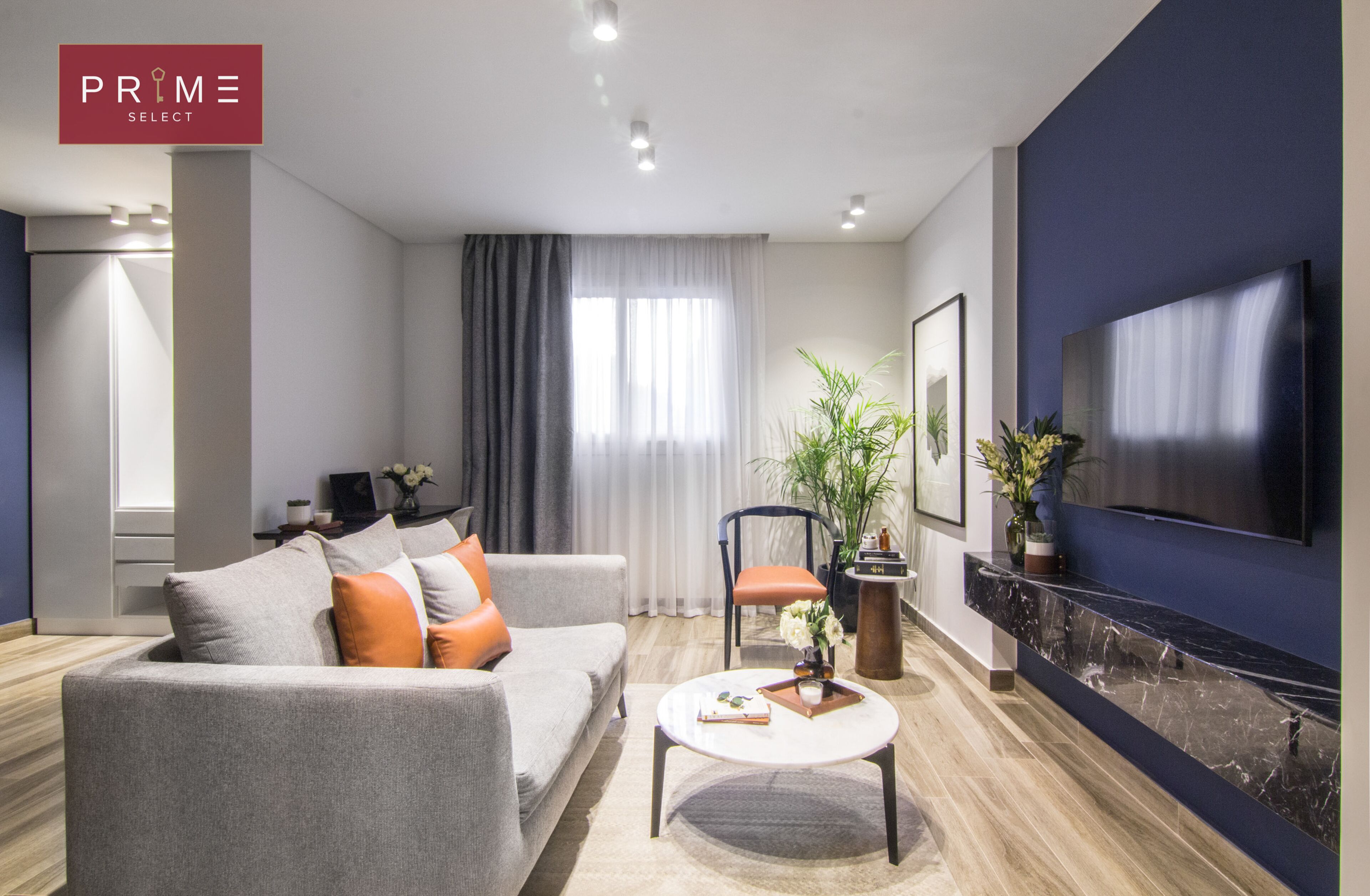 A modern living room with a grey sofa, a coffee table, and a TV mounted on the wall.
