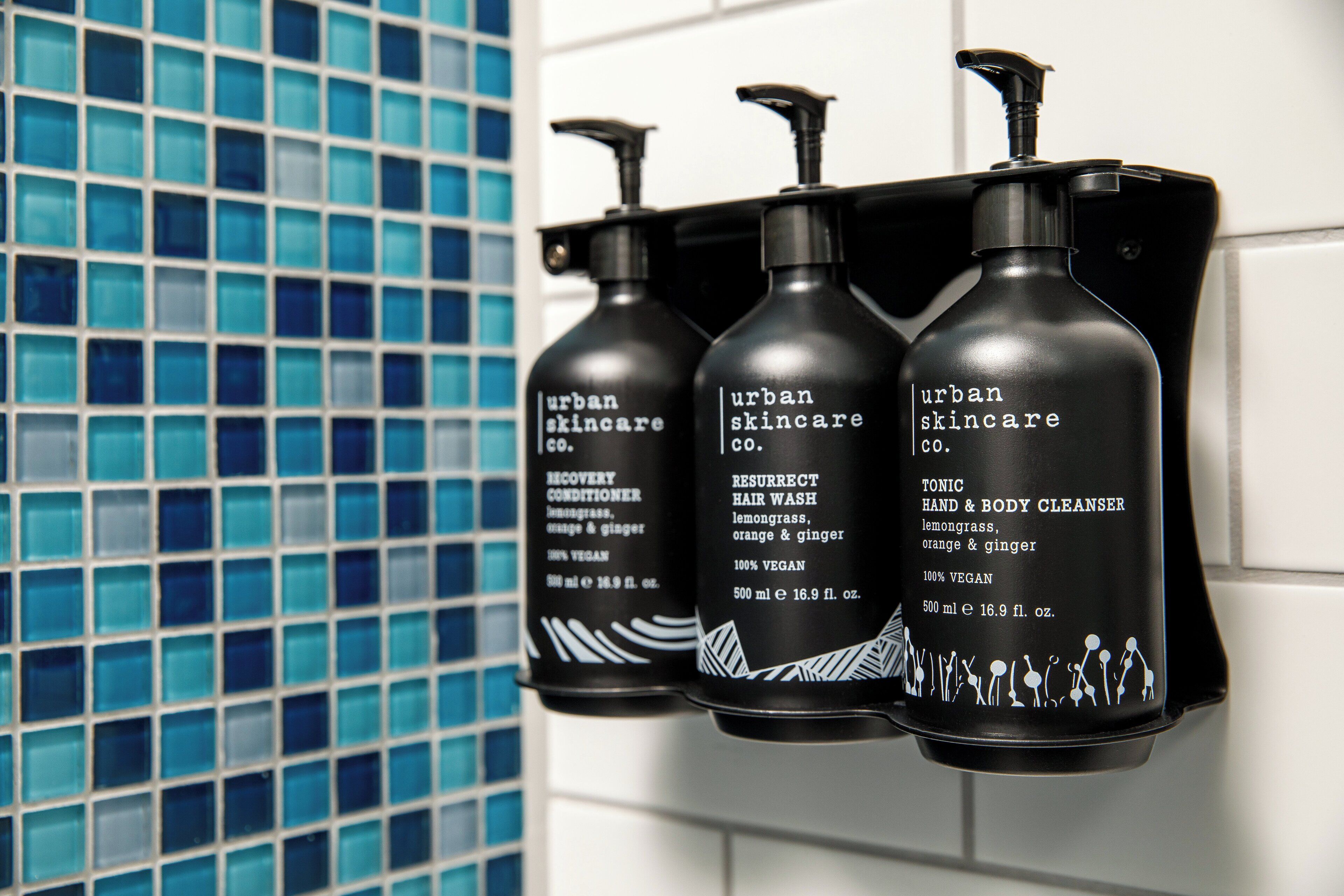 hair dryer, towels, soap, shampoo