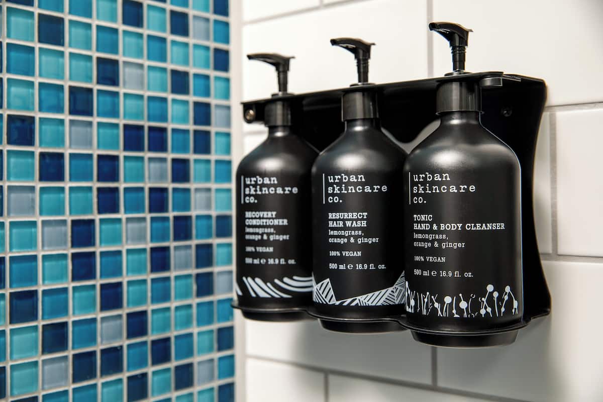 hair dryer, towels, soap, shampoo