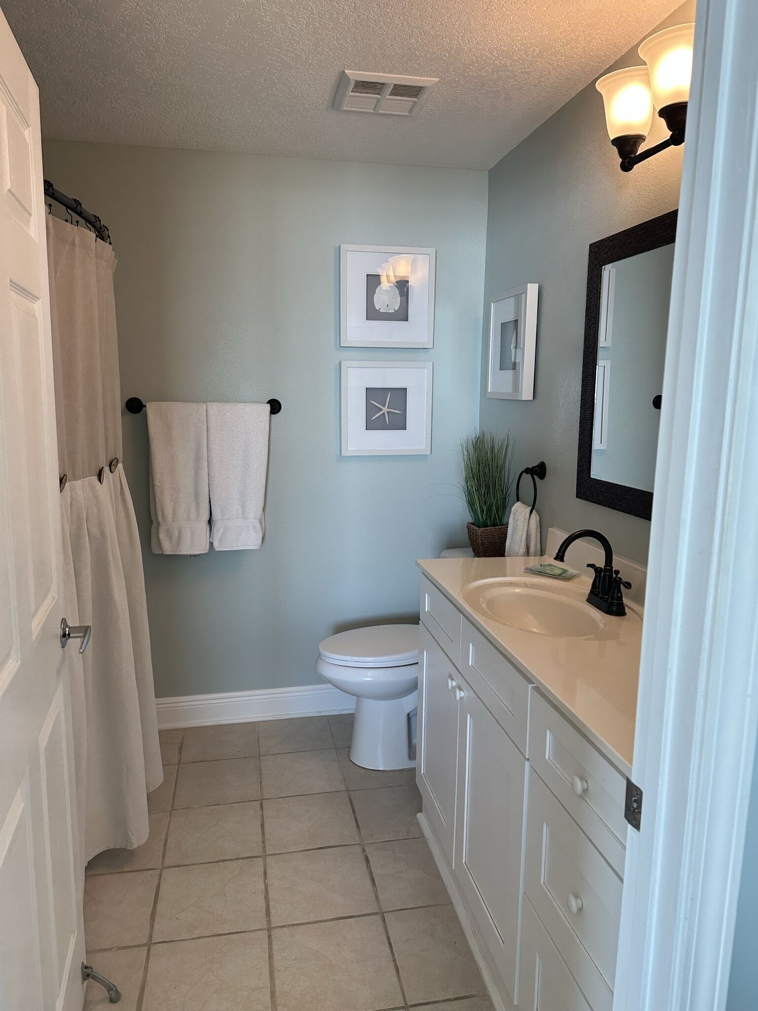Ein Badezimmer mit Toilette, Waschbecken und Duschvorhang. An der Wand hängen Bilder in Rahmen, und über dem Waschbecken befindet sich ein Spiegel.