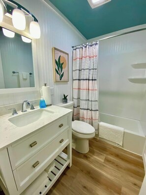 Hair dryer, towels, soap, shampoo