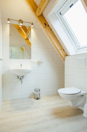 A modern bathroom with a skylight, a sink, and a toilet. - Strandpension Mäder (Uhldingen-Muehlhofen)