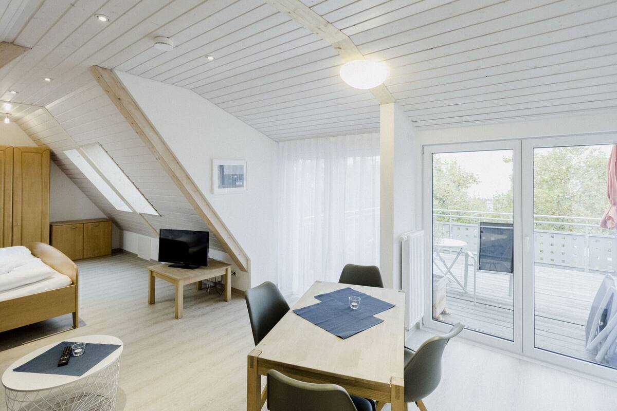 A modern room with a loft bed, a dining table, and a TV.