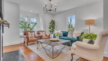 TV connectée, cheminée, livres, chaîne hi-fi