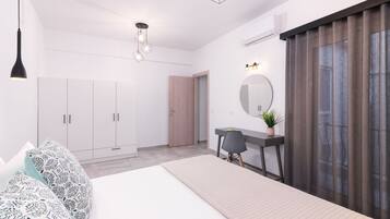 Une chambre moderne avec un lit, une armoire, un bureau et une grande fenêtre avec des rideaux.