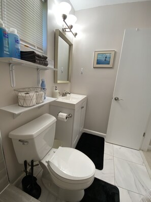 Regadera, secadora de cabello, toallas, jabón