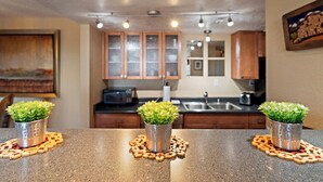 A kitchen with granite countertops, wooden cabinets, and two potted plants on the counter.