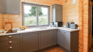 A modern kitchen with grey cabinets, a double sink, and a window offering a view of greenery. - Badgers Sett (Darlington)