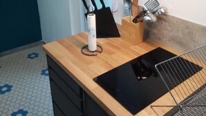 A kitchen with a wooden countertop, a black induction cooktop, and a metal rack. - 1 Bedroom Private vacation home in Lembras (Lembras)