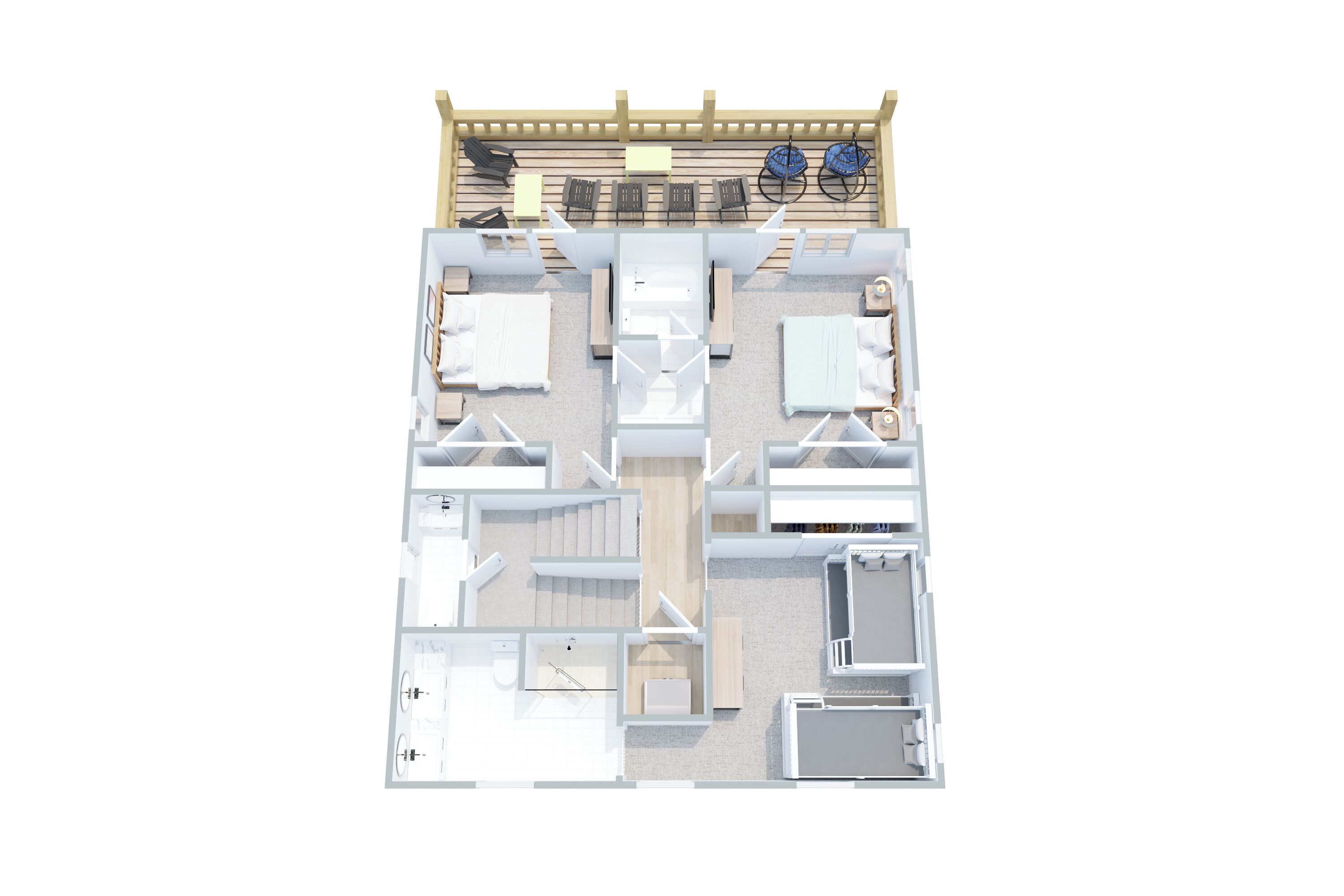 A floor plan of a hotel with multiple bedrooms, a kitchen, a dining area, and a small outdoor seating area.