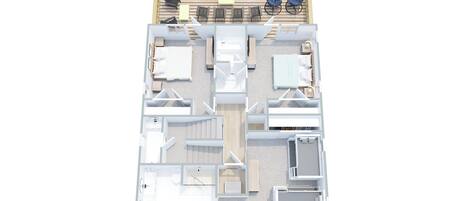 A floor plan of a hotel with multiple bedrooms, a kitchen, a dining area, and a small outdoor seating area.