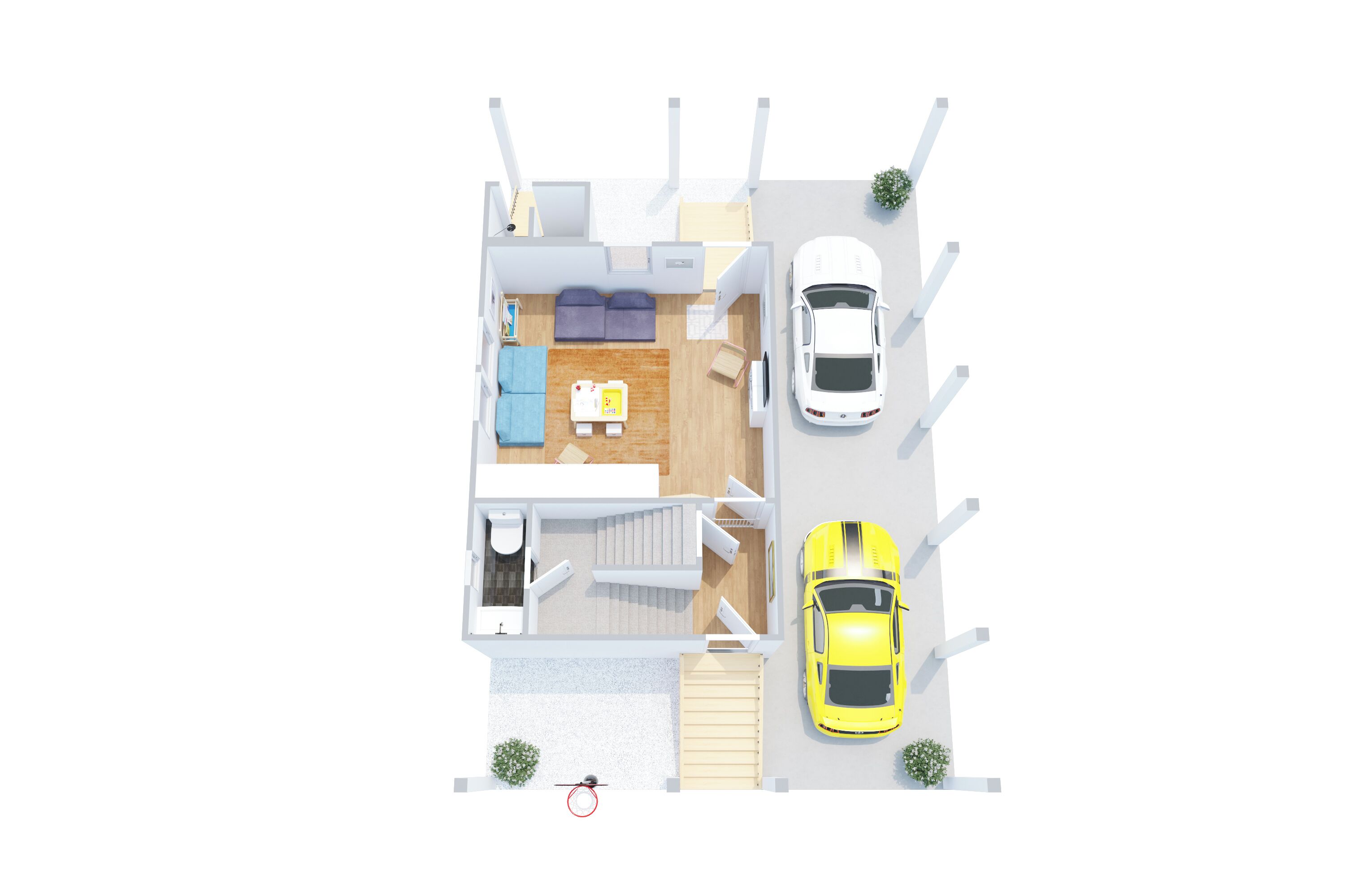 Plano de planta en 2D de una habitación de hotel con cama, zona de estar, baño y vistas a la calle con dos coches estacionados.
