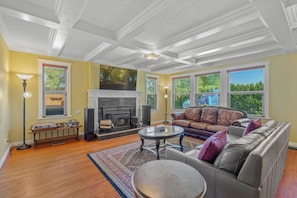 Smart TV, fireplace, DVD player, books