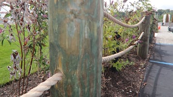 A wooden post with a rope barrier, surrounded by dried plants and a paved path.