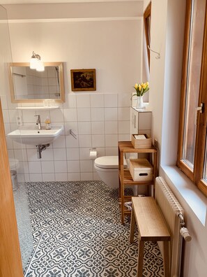Shower, hair dryer, bidet, towels