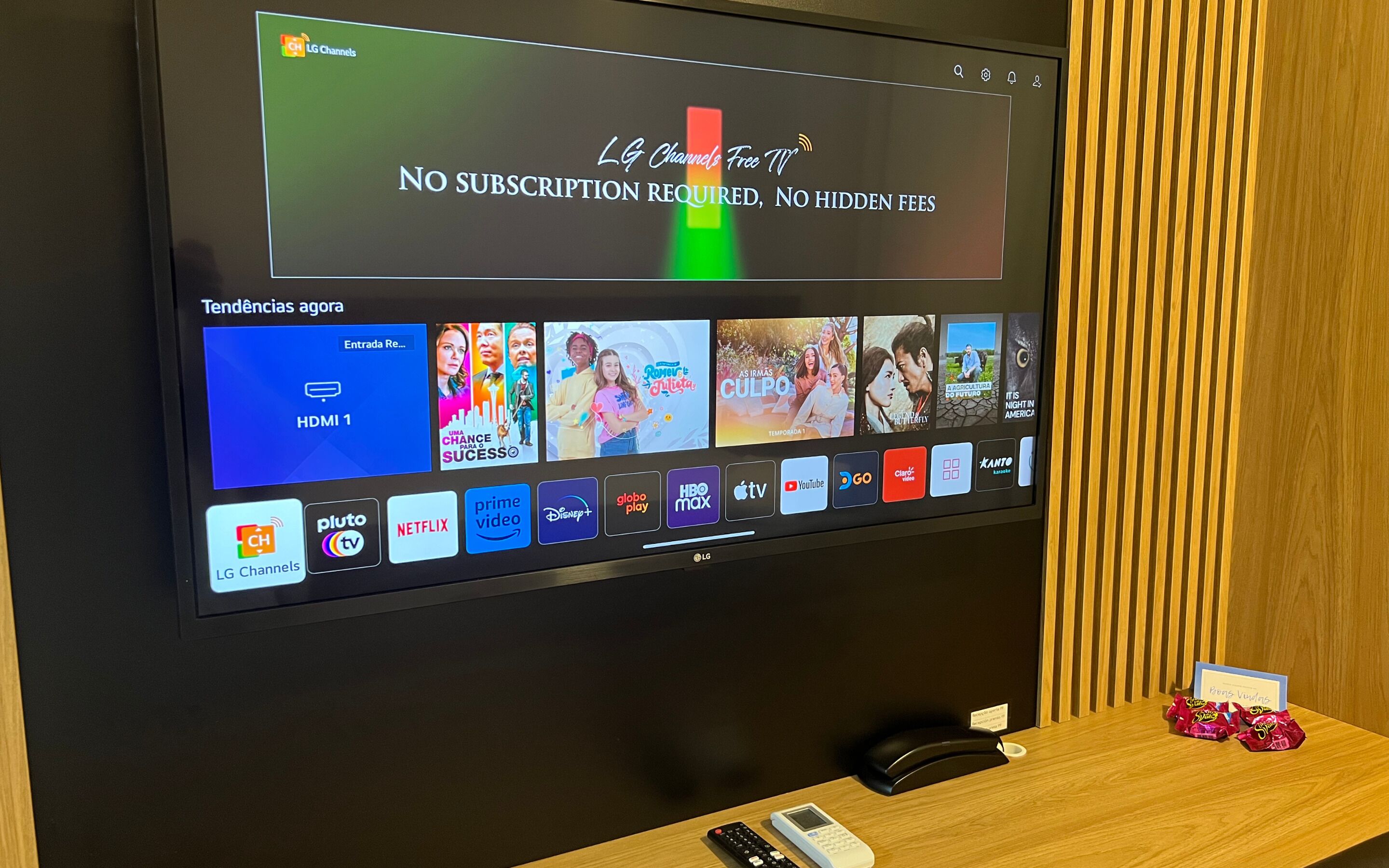 A television screen displaying a variety of streaming services and a sign stating "NO SUBSCRIPTION REQUIRED, NO HIDDEN FEES".