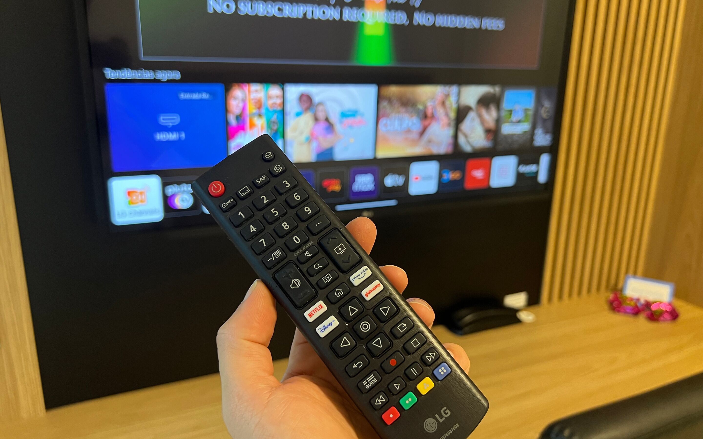 A hand holding a remote control in front of a television displaying various streaming services.
