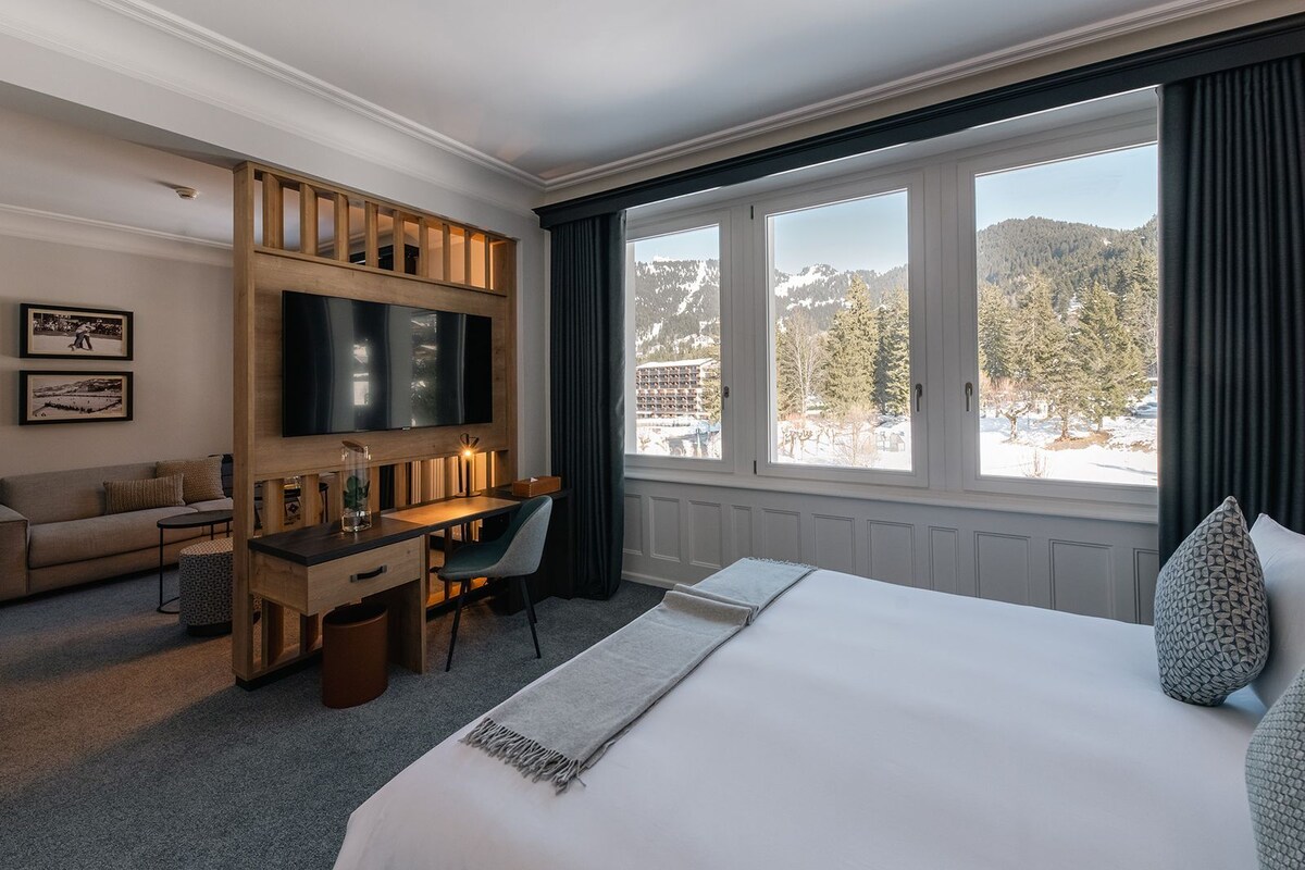 A hotel room with a bed, a desk, a chair, a TV, and a large window with a view of trees and mountains.